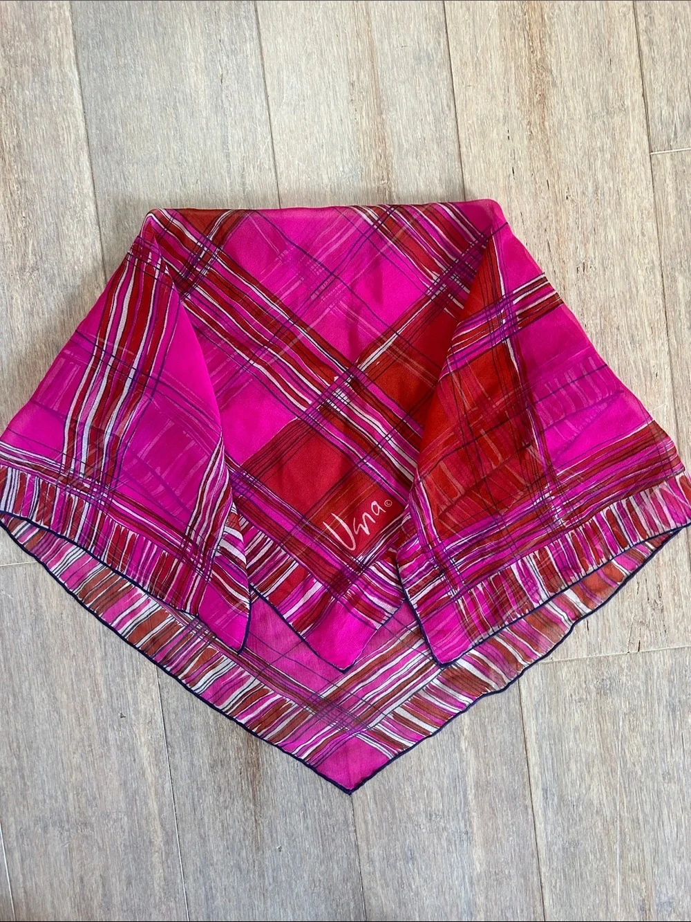Ugna silk chiffon Vibrant Pink & red Plaid Square Scarf printed look rolled hem